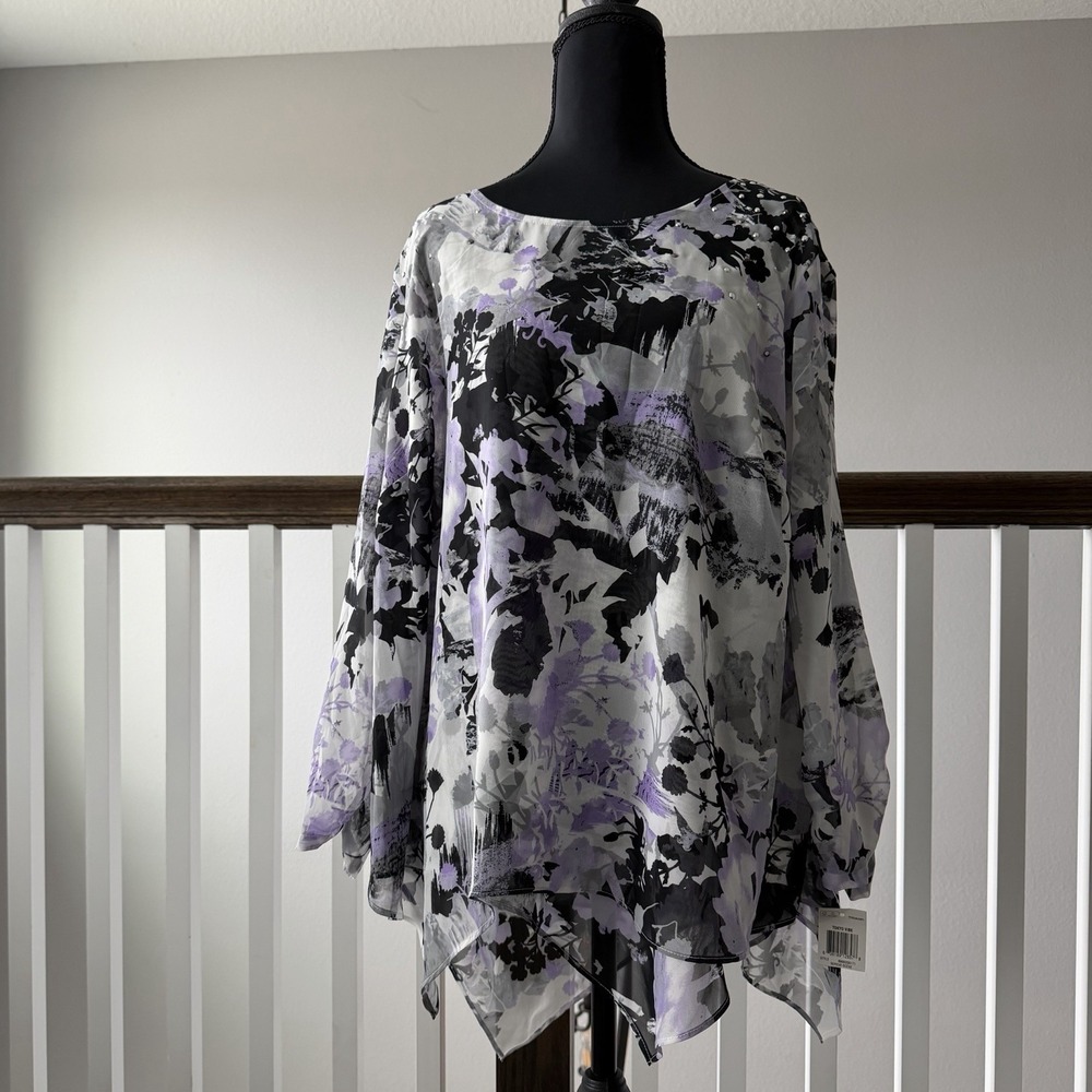 Style‎ & Co Top 2XL Black Purple Whimsigoth Studded Blouse Goth Romantic NWT